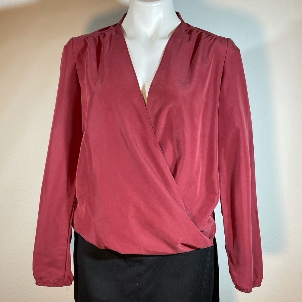 DREW / Anthropologie Wrap-Front Blouse in Burgundy XS